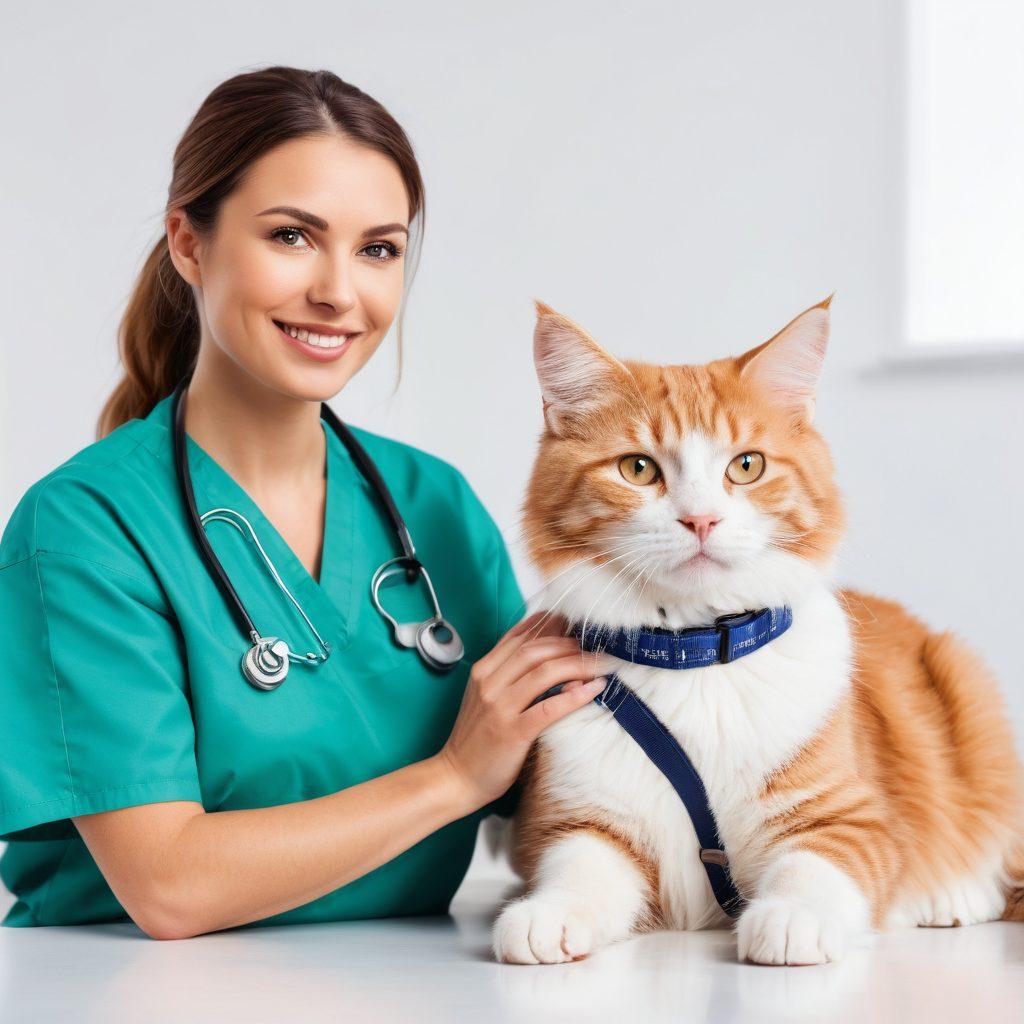 A loving pet clinic environment with a caring veterinarian gently holding a dog and cat, both wearing post-surgery collars. The background should show an informative poster about spay and neuter services, with bright visuals and animal-friendly icons. The setting embodies care, safety, and wellness. super-realistic. vibrant colors. white background.