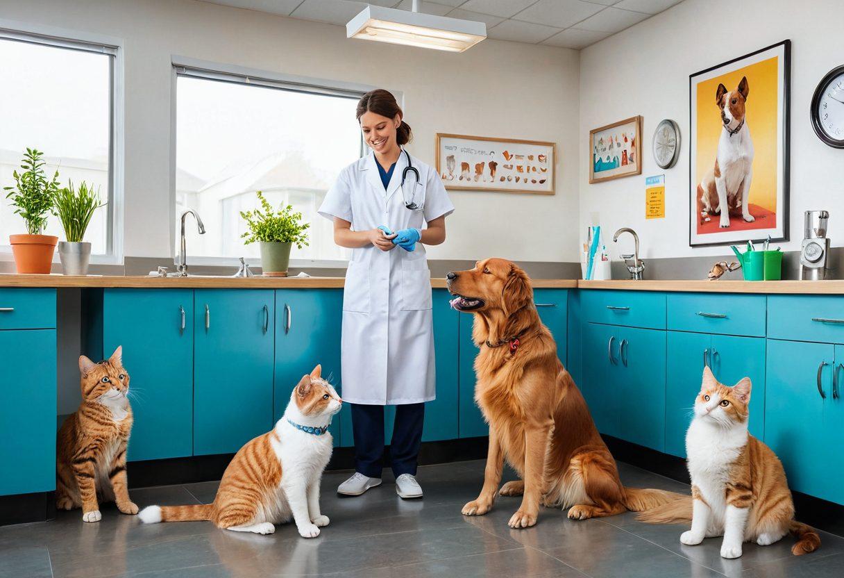 A serene veterinary clinic scene with a loving veterinarian caring for a healthy dog and cat, surrounded by happy pet owners. Include clear symbols of spaying and neutering, like a surgical tool set and recovery room, to emphasize health and wellness. vibrant colors. super-realistic. white background.
