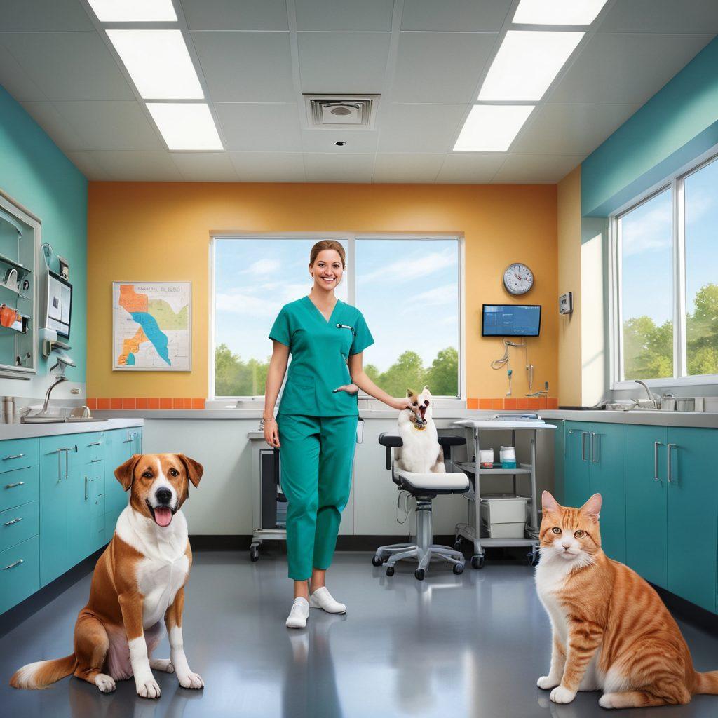 A warm, inviting veterinary clinic with a smiling vet treating a happy dog and cat, an operating room in the background showing modern surgical equipment, and a map of Georgia subtly incorporated. super-realistic. vibrant colors. calming atmosphere.